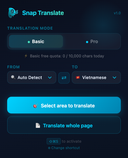 Snap Translate popup in Basic mode, showing translation mode, language selectors and the select-area action