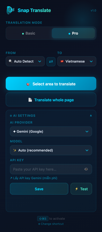 Snap Translate popup in Pro mode, showing AI provider, model and API key settings